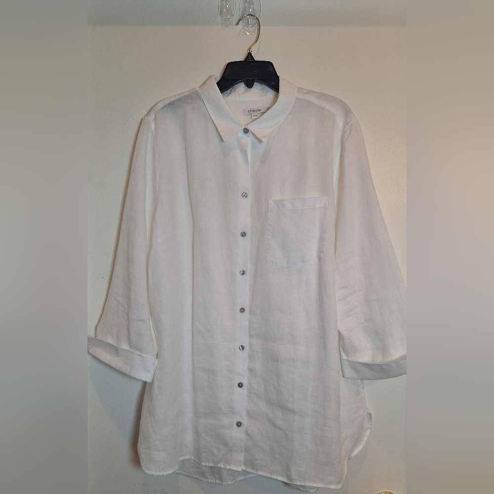 CHICOS 100% Linen Shirt Womens Size 4(US 20) White 3/4 Sleeve Button Up